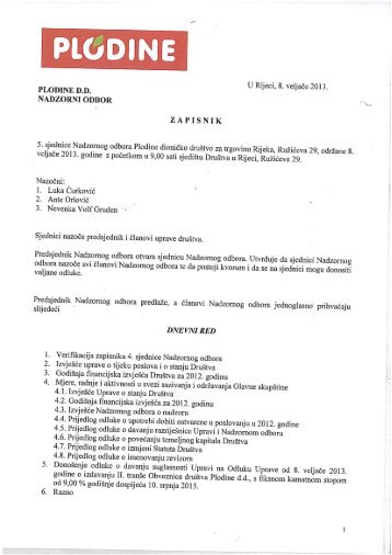 ZAPISNIK SA SJEDNICE NADZORNOG ODBORA I - Plodine