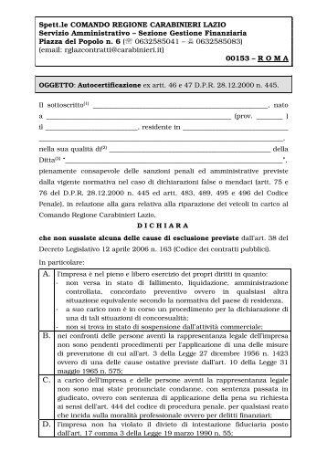 Facsimile Autocertificazione Ditta - Carabinieri
