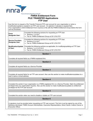 FINRA Entitlement Form File Transfer Applications FTP User