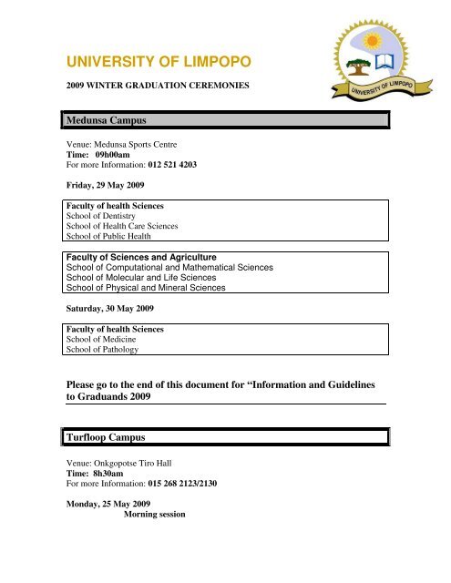 information and guidelines to graduands 2009 - University of Limpopo