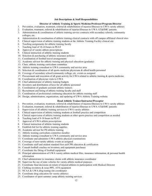 table of contents - UWA Athletic Training & Sports Medicine Center