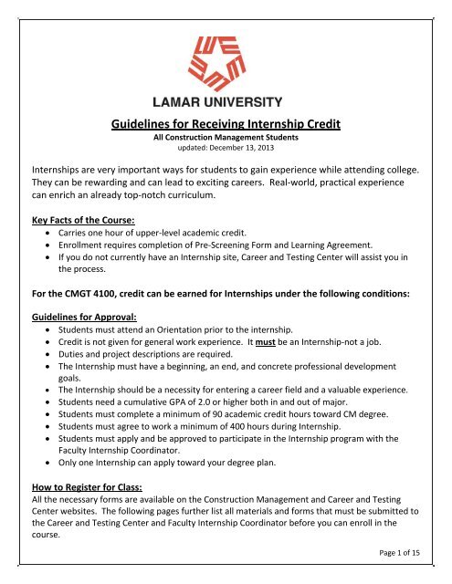 Guidelines for Receiving Internship Credit - Lamar University