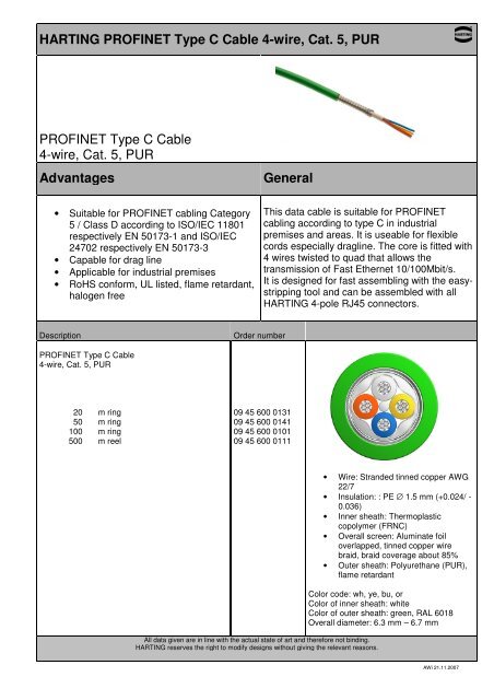 HARTING PROFINET Type C Cable 4-wire, Cat. 5, PUR PROFINET ...