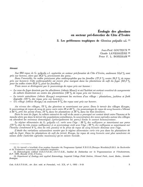 Ecologie des glossines en secteur prÃ©-forestier de CÃ´te d'Ivoire : 2 ...