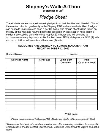 Walkathon Pledge Form - Stepney PTO Website