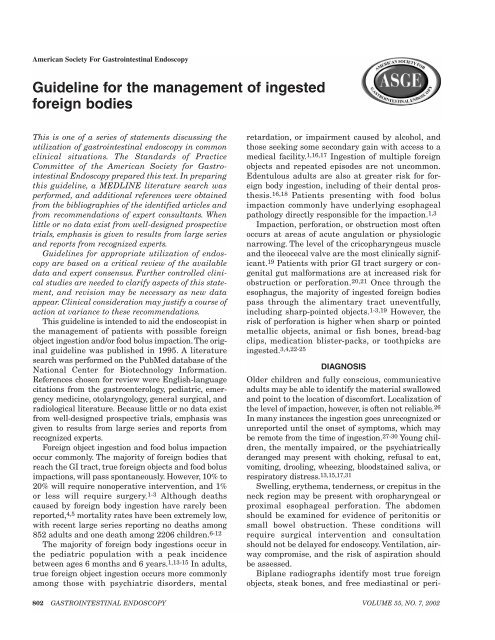 Guideline for the management of ingested foreign bodies - American ...