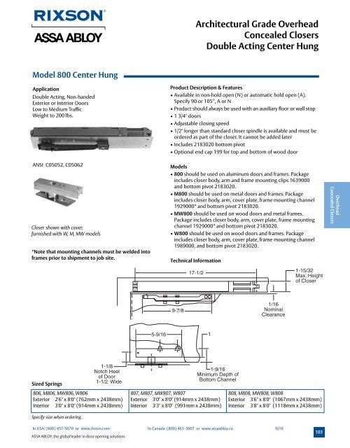 Rixson Model 800 Series Catalog Cut Sheet Epivots