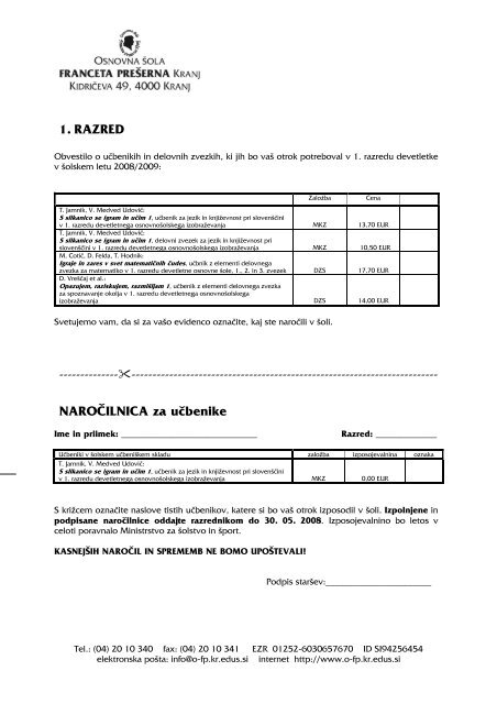 1. RAZRED NAROÄILNICA za uÄbenike