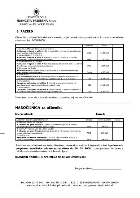 1. RAZRED NAROÄILNICA za uÄbenike