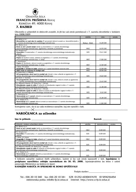 1. RAZRED NAROÄILNICA za uÄbenike