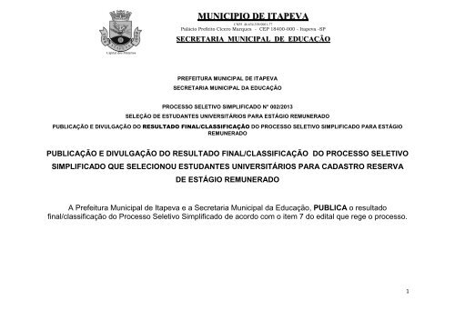 publicação da classificação final do pss estágio remunerado - Itapeva