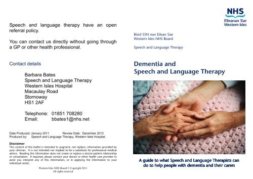 Dementia and Speech and Language Therapy Leaflet