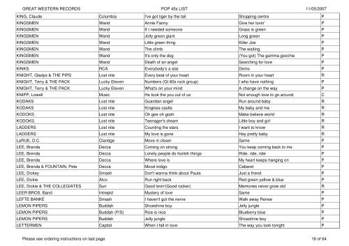 GREAT WESTERN RECORDS POP 45s LIST 11/05 - Rollercoaster ...