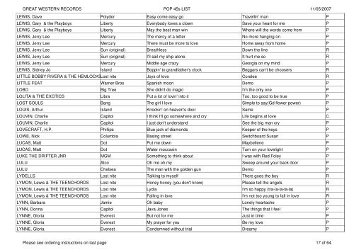 GREAT WESTERN RECORDS POP 45s LIST 11/05 - Rollercoaster ...