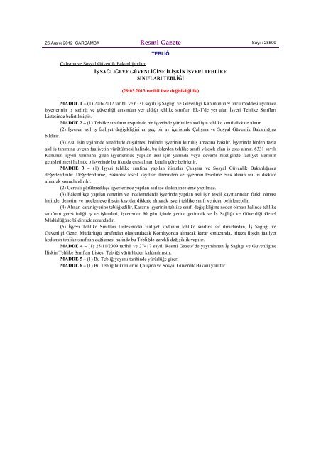 Ä°Å SaÄlÄ±ÄÄ± Ve GÃ¼venliÄine Ä°liÅkin Ä°Åyeri Tehlike SÄ±nÄ±flarÄ± ... - Enofis.com.tr