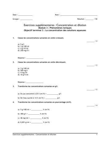 Exercices supplÃ©mentaires : Concentration et dilution - FacultÃ© des ...
