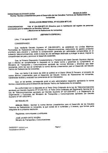 Que, mediante Decreto Supremo NÃ‚Â° 038-2003-MTC, se establecen ...