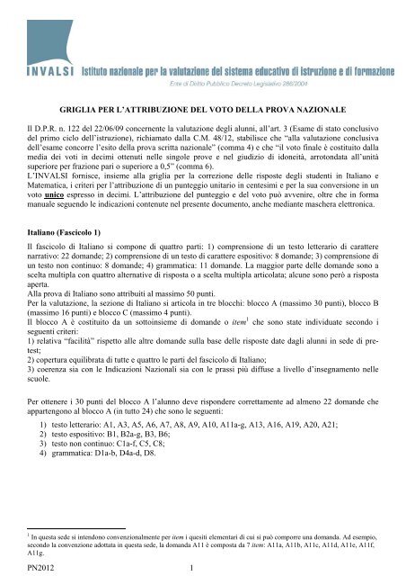 griglia per l'attribuzione del voto della prova nazionale