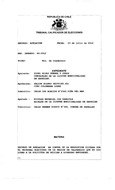 Rol 46-2012 - Tribunal Calificador de Elecciones