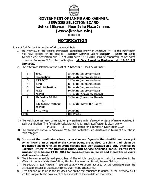 (www.jkssb.nic.in) NOTIFICATION - Official Website for J&K Services ...