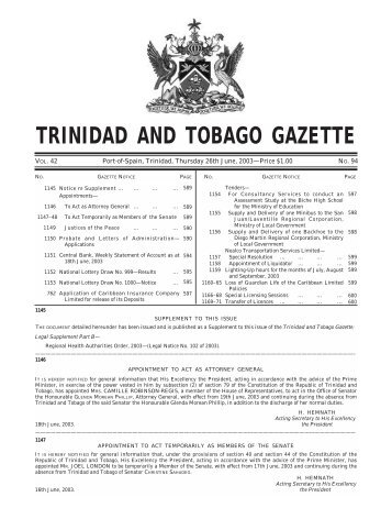 Gazette No. 94, Vol. 42, 26th June, 2003 Weekly - Trinidad and ...