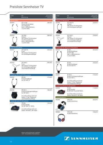 Preisliste Sennheiser TV - HÃ¶rgerÃ¤te Jahnecke