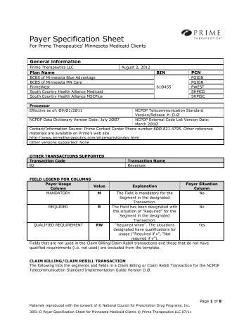 Payer Specification Sheet - Prime Therapeutics