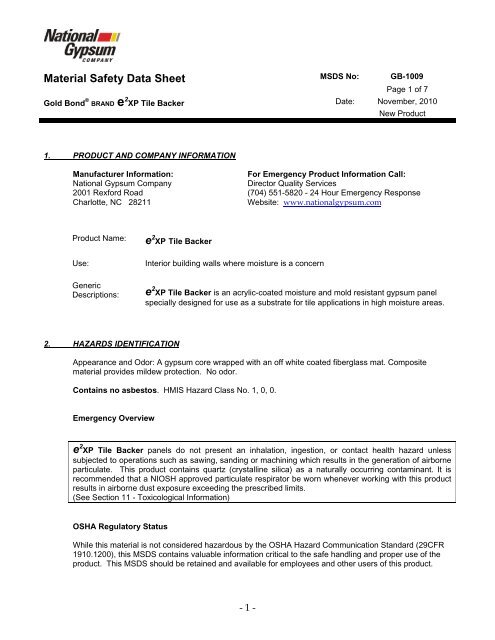 Material Safety Data Sheet e2 e2 e2 - National Gypsum Company