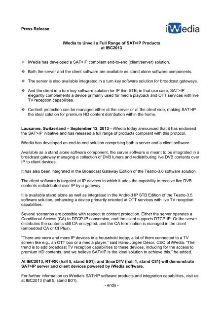 Press Release Iwedia To Unveil A Full Range Of Sat Gt Ip Products At