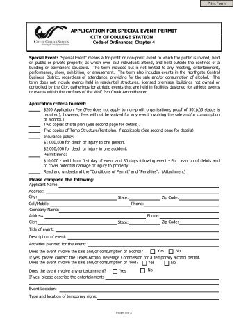 APPLICATION FOR SPECIAL EVENT PERMIT - City of College Station