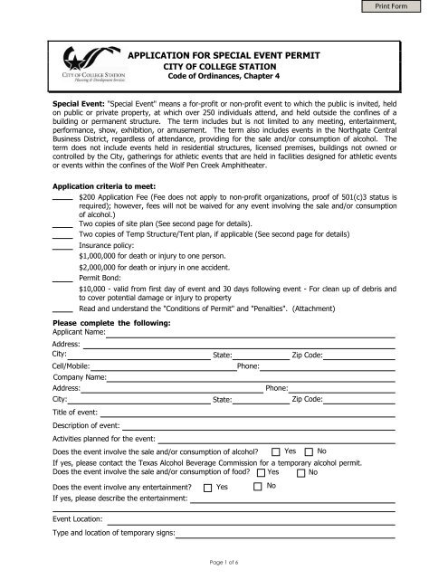 APPLICATION FOR SPECIAL EVENT PERMIT - City of College Station