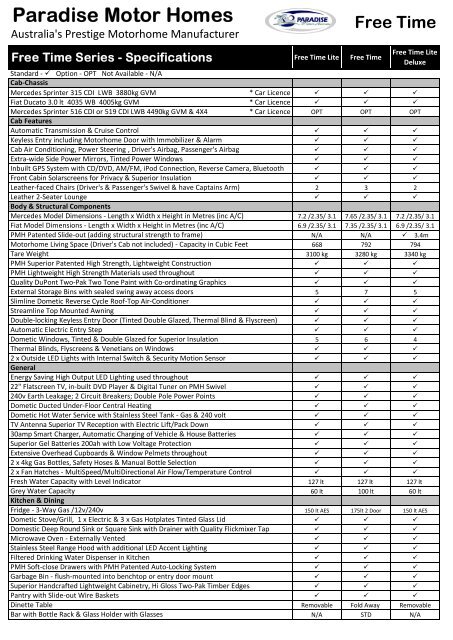 Free Time Layouts - Paradise Motor Homes