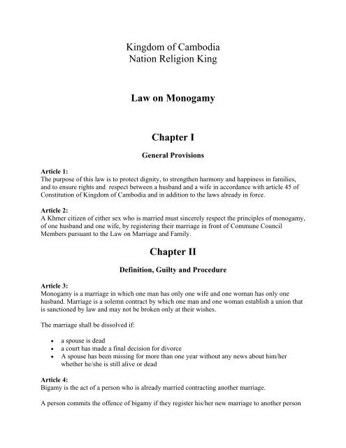 Kingdom of Cambodia Nation Religion King Law on Monogamy