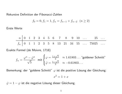 Rekursive Definition der Fibonacci-Zahlen f0 = 0,f1 = 1,fn = fnâˆ'1 + fn ...