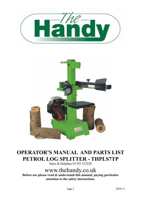 operator's manual and parts list petrol log splitter - thpls7tp - Toolbox