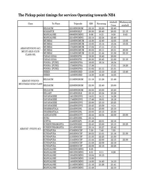 The Pickup point timings for services Operating towards NH4 - KSRTC