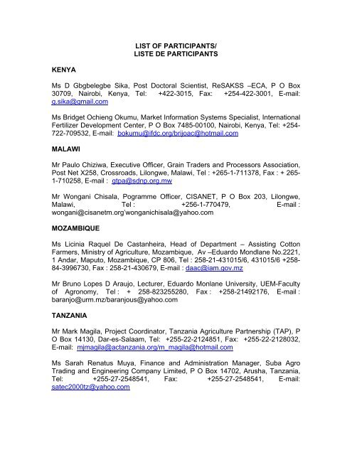 List Of Participants Department Of Agricultural Economics