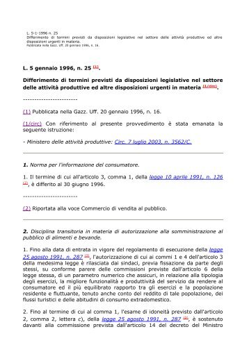 L. 5 gennaio 1996, n. 25 (1). Differimento di termini previsti da ...