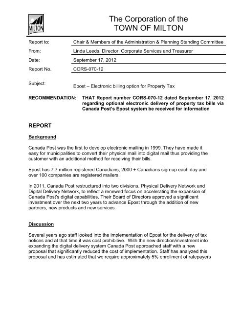 CORS-070-12 Epost - Electronic billing option for - Town of Milton