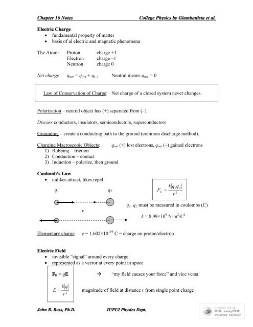 Chapter 16 Notes College Physics by Giambattista et al. Electric ...