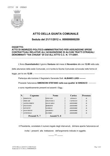 ATTO DELLA GIUNTA COMUNALE - Comune di Osimo