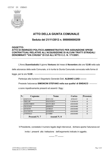 ATTO DELLA GIUNTA COMUNALE - Comune di Osimo