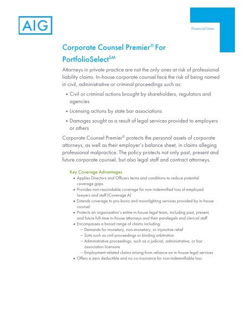 Corporate Counsel Premier® For PortfolioSelectSM - AIG.com