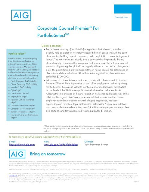 Corporate Counsel Premier® For PortfolioSelectSM - AIG.com