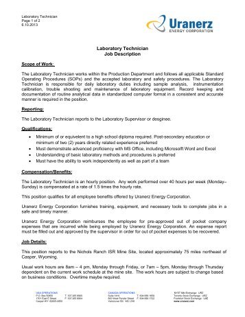 Laboratory Technician Job Description - Uranerz Energy Corporation