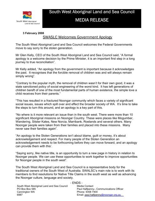 MEDIA RELEASE - South West Aboriginal Land & Sea Council