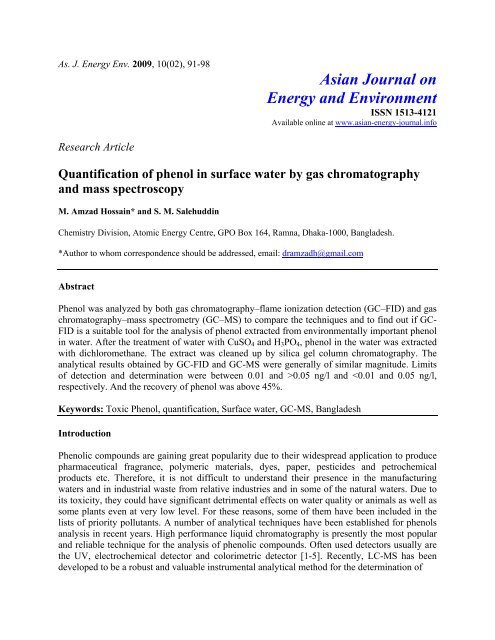 Quantification of phenol in surface water by gas chromatography ...