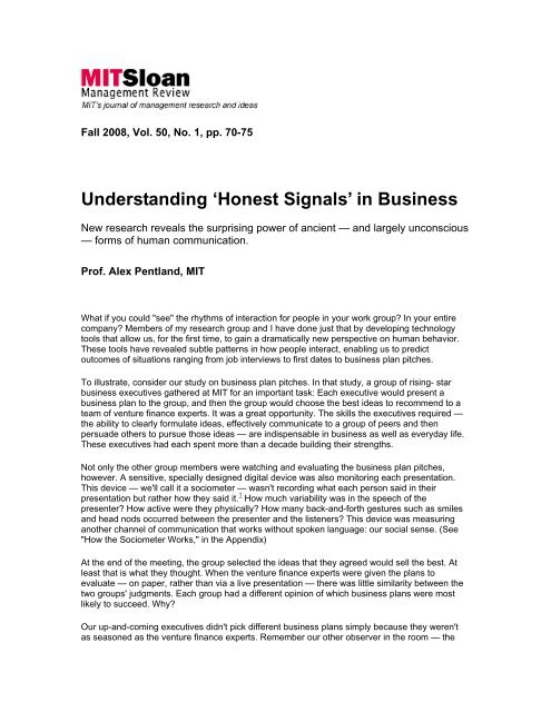 'Honest Signals' in Business - Human Dynamics Group - MIT