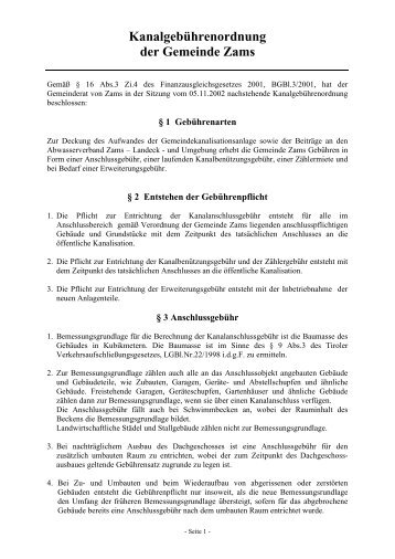 Kanalgebührenordnung der Gemeinde Zams