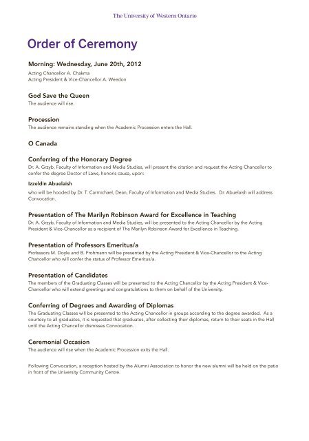 Order of Ceremony - Academic Calendar - University of Western ...